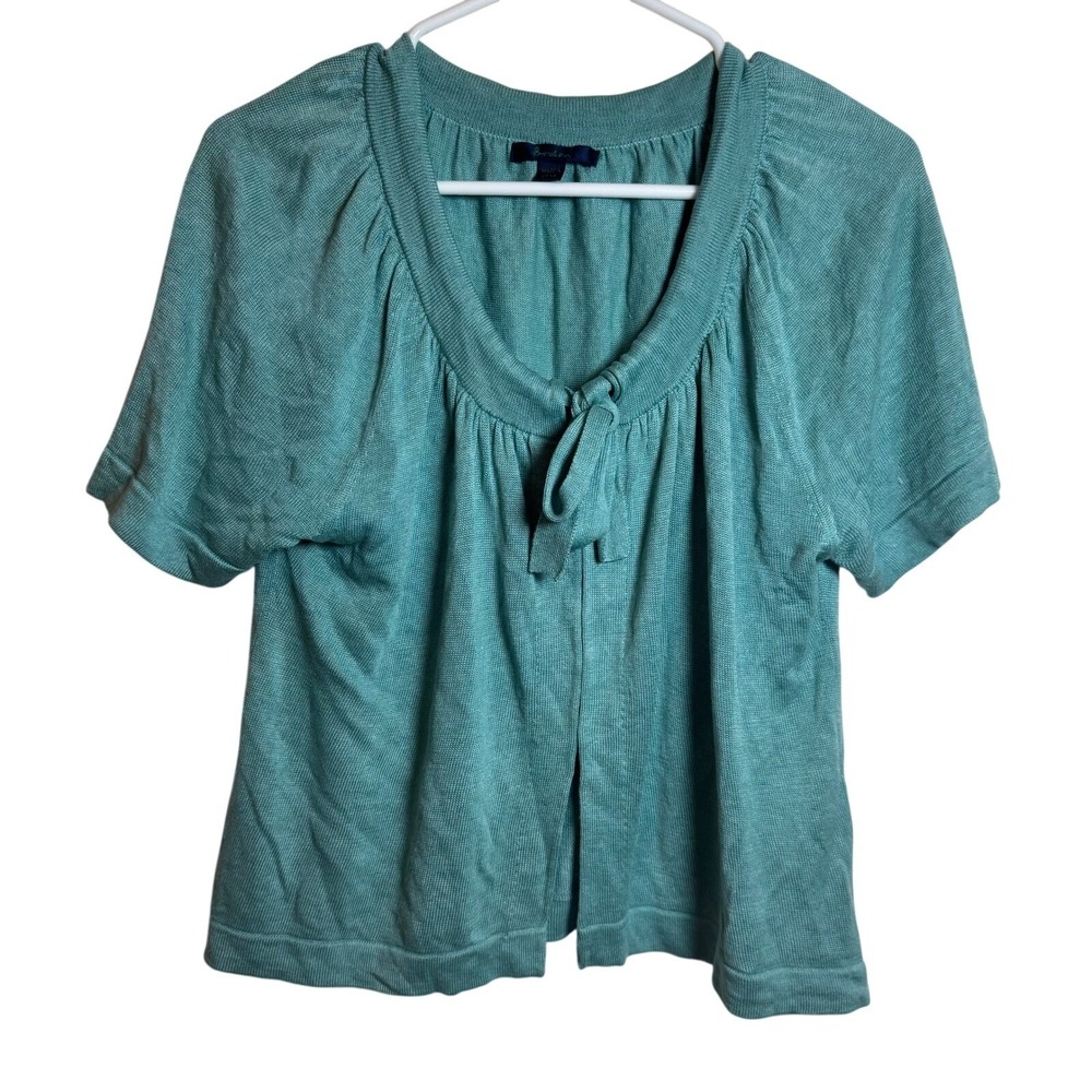 Boden Teal Blue Silk Linen Blend Short Sleeve Tie Neck Cardigan Sweater WK487